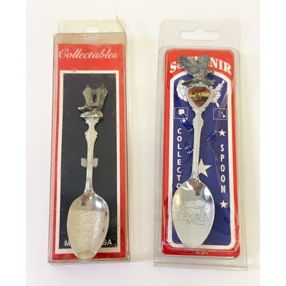 Lot 2 Vintage Souvenir Spoons Wyoming & Utah Collectible Eagle Cowboy Boots